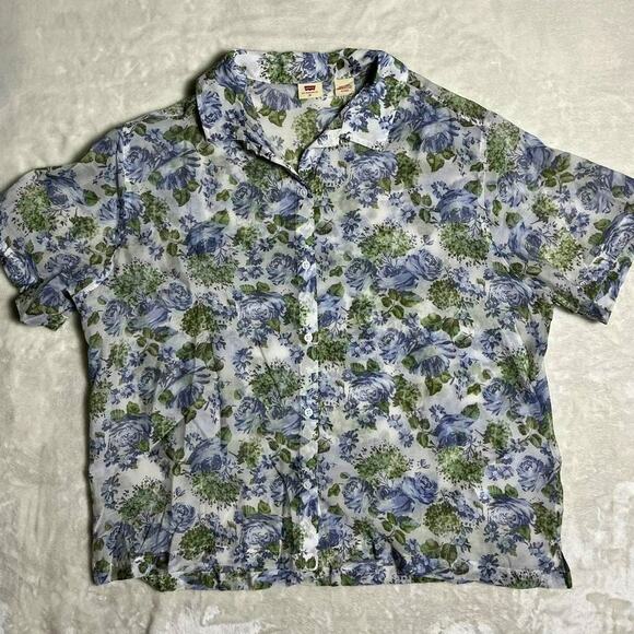Levi's Spring Floral Blouse Women's XL Pale Blue Green Sheer Pastel White Easter - Picture 1 of 9